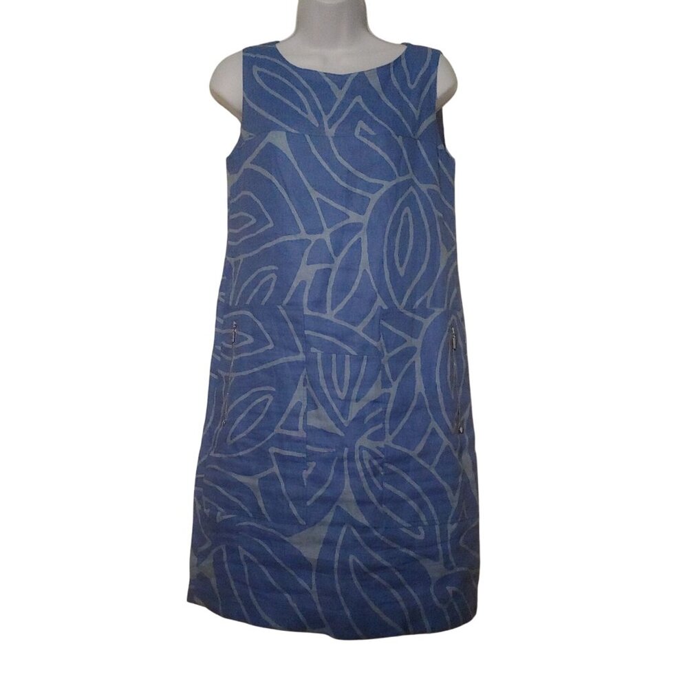 Lafayette 148 New York Blue Geometric 100% Linen Sleeveless Beachy Resort Dress